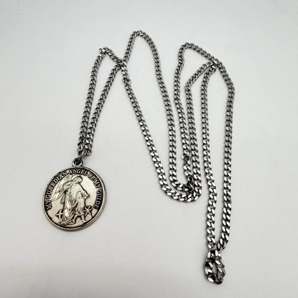 Vintage Creed Sterling Silver Medal Pendant Necklace Guardian Angel Be My Guide